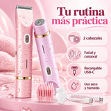 Infografía ilustrativa: depiladora con dos cabezales, para rostro y cuerpo, recargable USB-C