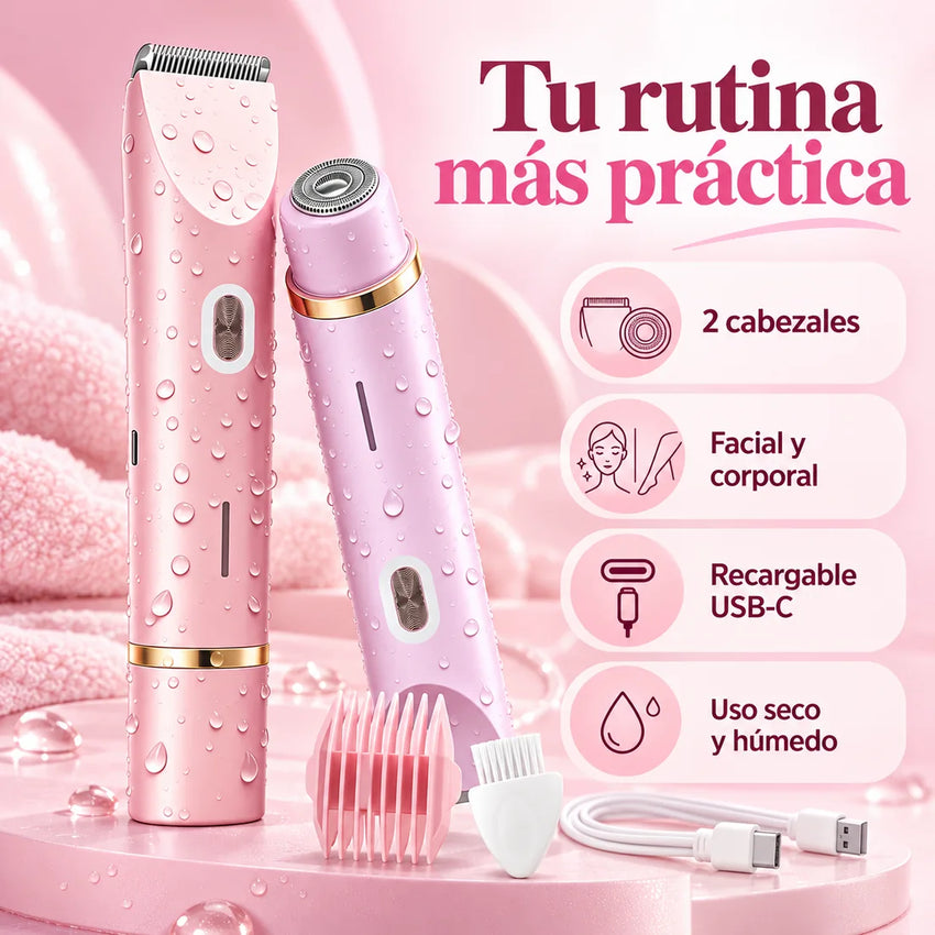 Infografía ilustrativa de dos cabezales, uso facial y corporal, recarga USB-C