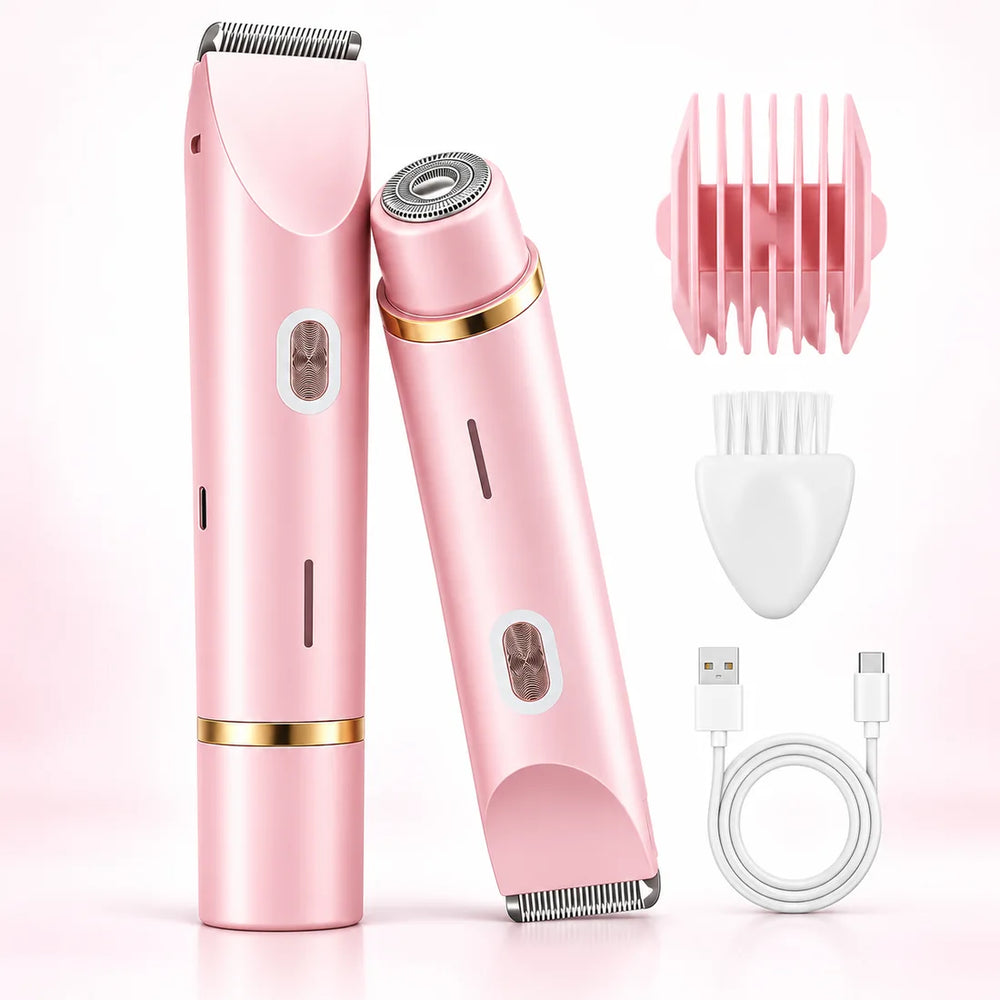 Depiladora 2 en 1 y algunos accesorios en composición publicitaria